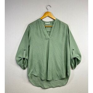 LUSH Sage Polka Dot V Neck Roll Tab Sleeve High‎ Low Top Womens Medium